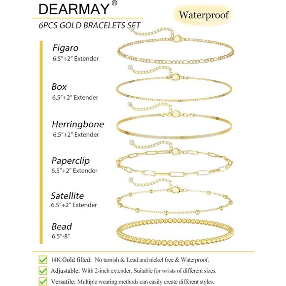 Dainty Stackable Gold Bracelets for Women 14K Plated Cuban Paperclip Chain - Picture 3 of 8